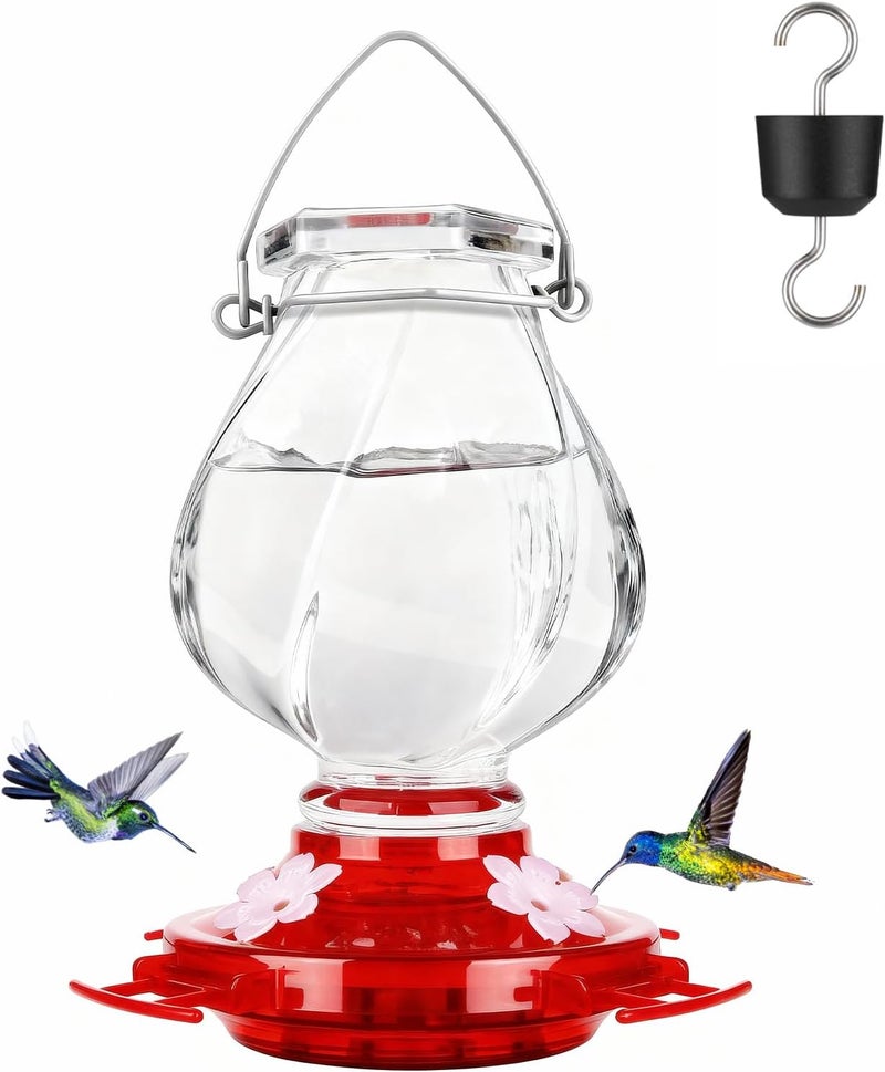 BOLITE Hummingbird Feeder, Glass Hummingbird Feeders for Outdoors Hanging, with Ant Moat and 4 Bee Guard Feeding Ports, 22oz, Leak Proof, Clear & Red, Birthday Gifts for Women Men, Gifts for Mom Dad - Image 1